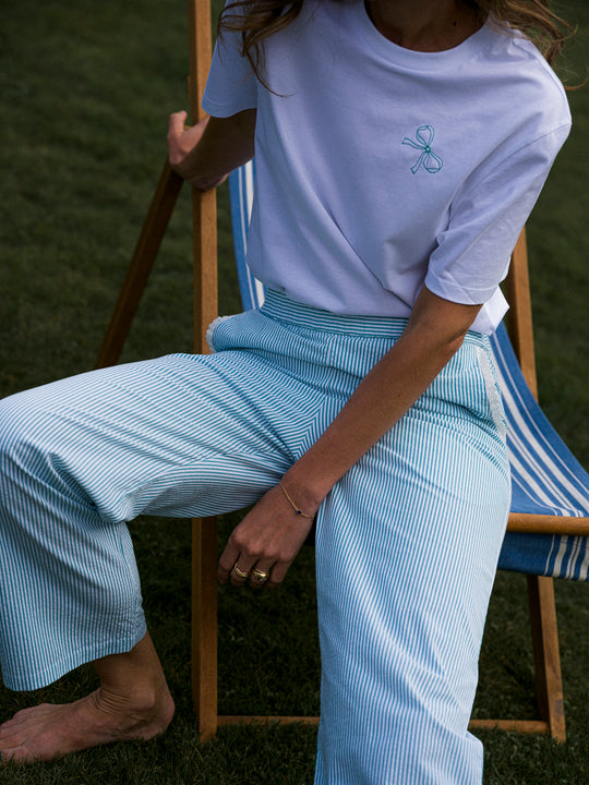 Sian Esther Green Stripe Seersucker Cotton Palazzo pant trousers