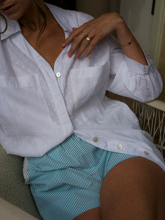 Sian Esther Green Striped Cotton seersucker resort shorts