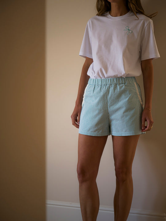 Sian Esther Green Striped Cotton seersucker resort shorts 9