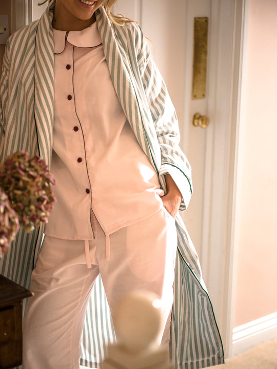 Sian Esther pink pyjamas with peter pan collar and contrasting burgundy details