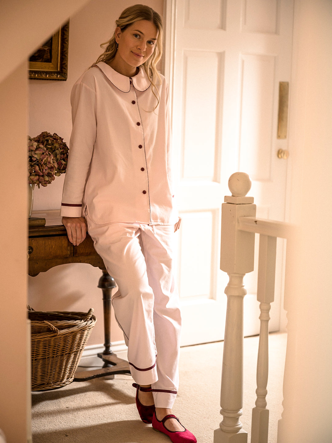 Sian Esther pink pyjamas with peter pan collar and contrasting burgundy details
