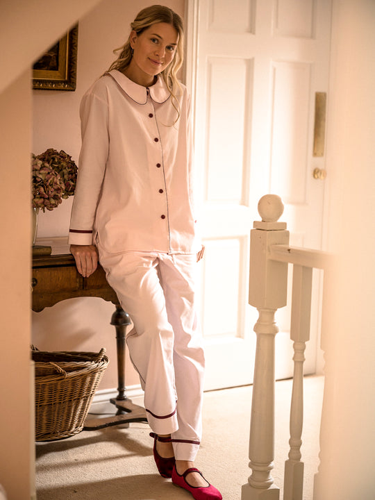 Sian Esther pink pyjamas with peter pan collar and contrasting burgundy details