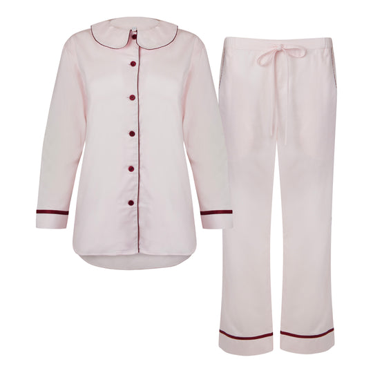 Sian Esther pink pyjamas with peter pan collar and contrasting burgundy details