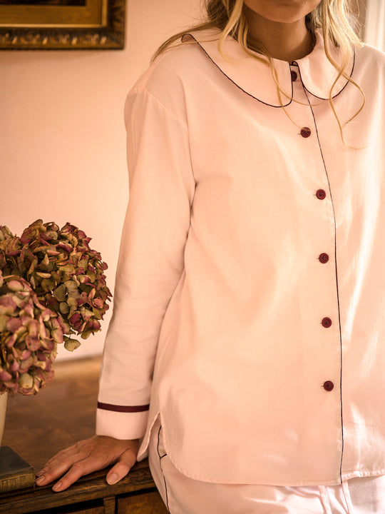 Sian Esther pink pyjamas with peter pan collar and contrasting burgundy details
