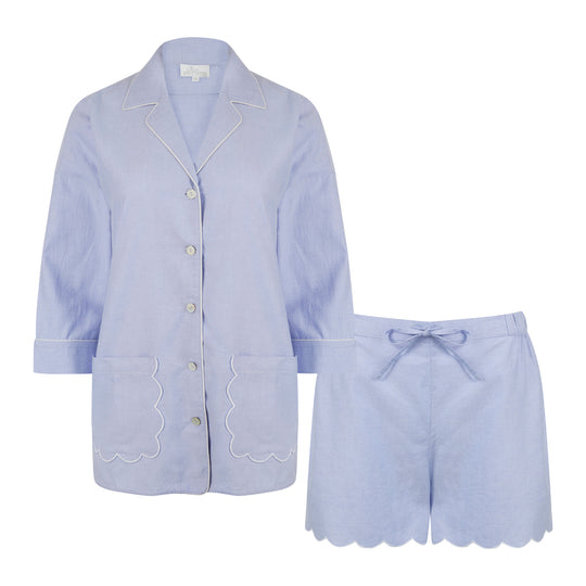 Sian Esther blue scalloped cotton short pj set. Great pyjamas for summer style with matching mini me set for children.