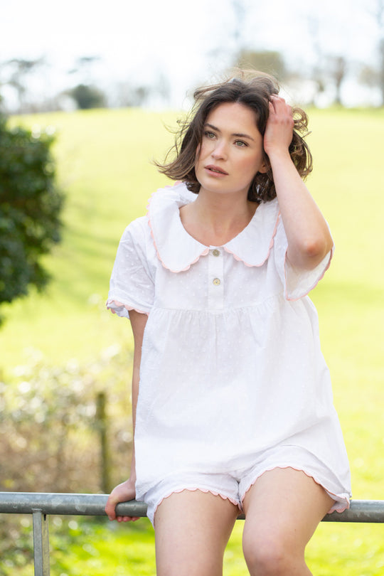 White cotton short PJ Set with Peter Pan collar and Mother of Pearl button fastening. The perfect pyjamas for keeping cool this Summer.