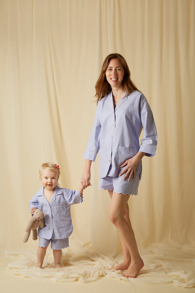 Sian Esther blue scalloped cotton short pj set. Great pyjamas for summer style with matching mini me set for children.