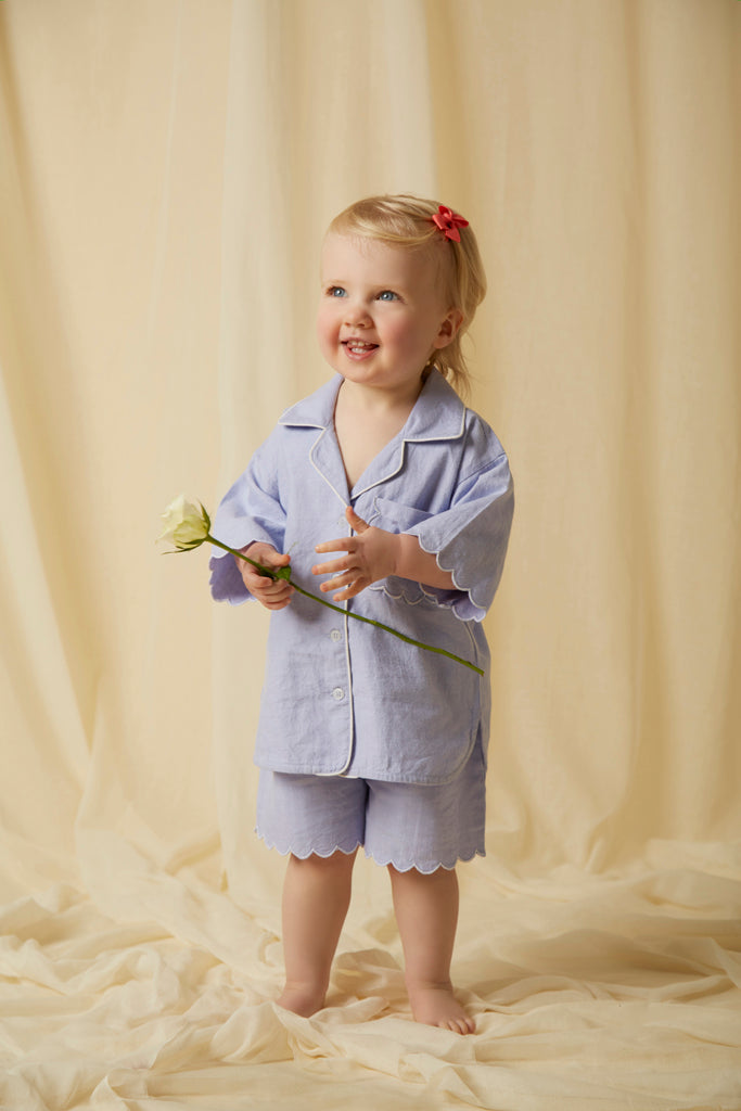 Children's blue cotton scalloped short pj set - an adorable set of pyjamas also available in matching women's