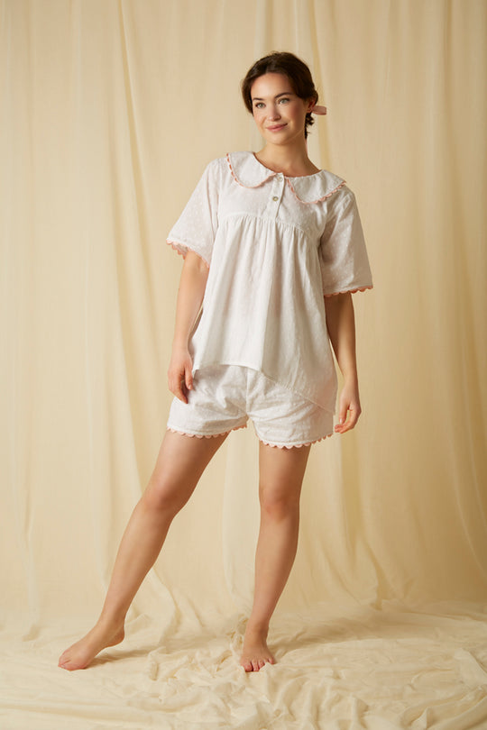 White cotton short PJ Set with Peter Pan collar. The perfect pyjamas for keeping cool this Summer.