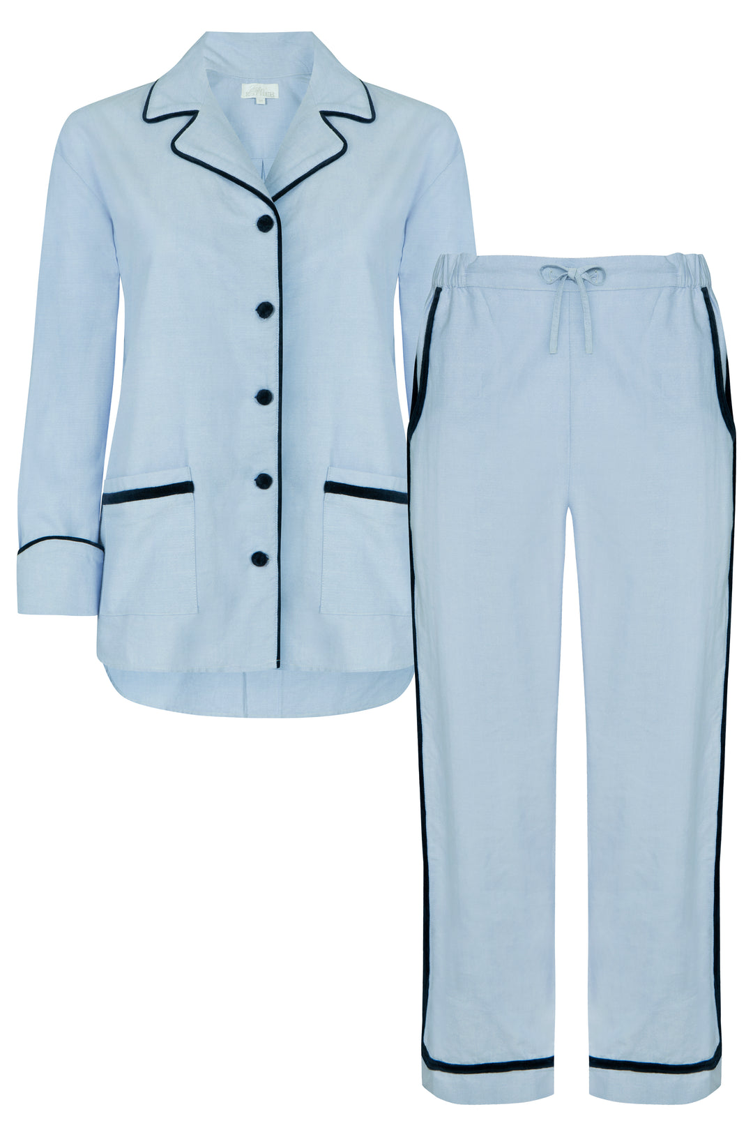 Luxury blue cotton chambray loungewear set with velvet trims and piping. The loungewear set features velvet covered buttons and pockets on both the jacket and trousers. Ultimate luxury loungewear!