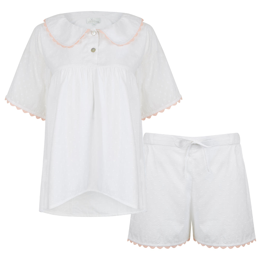 White cotton short PJ Set with Peter Pan collar and Mother of Pearl button fastening. The perfect pyjamas for keeping cool this Summer.